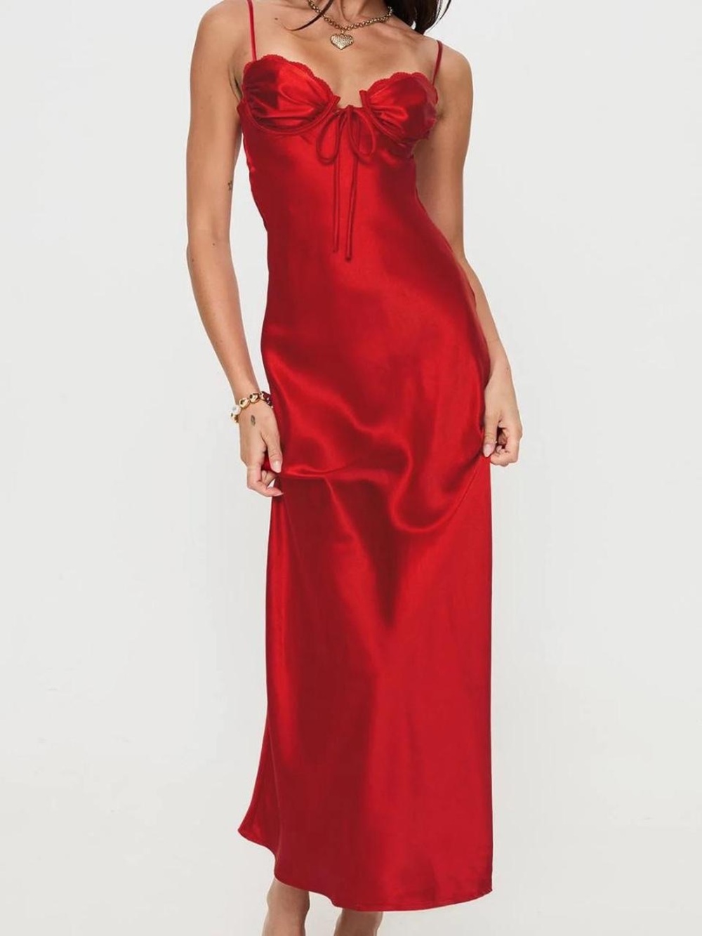 Red Satin Slip Dress with Sweetheart Bust